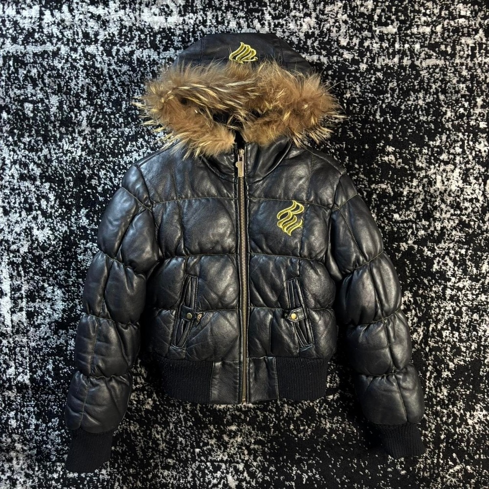 Y2k Women's Rocawear Leather Puffer Bomber Jacket With A Fur Hood Trim Sz M